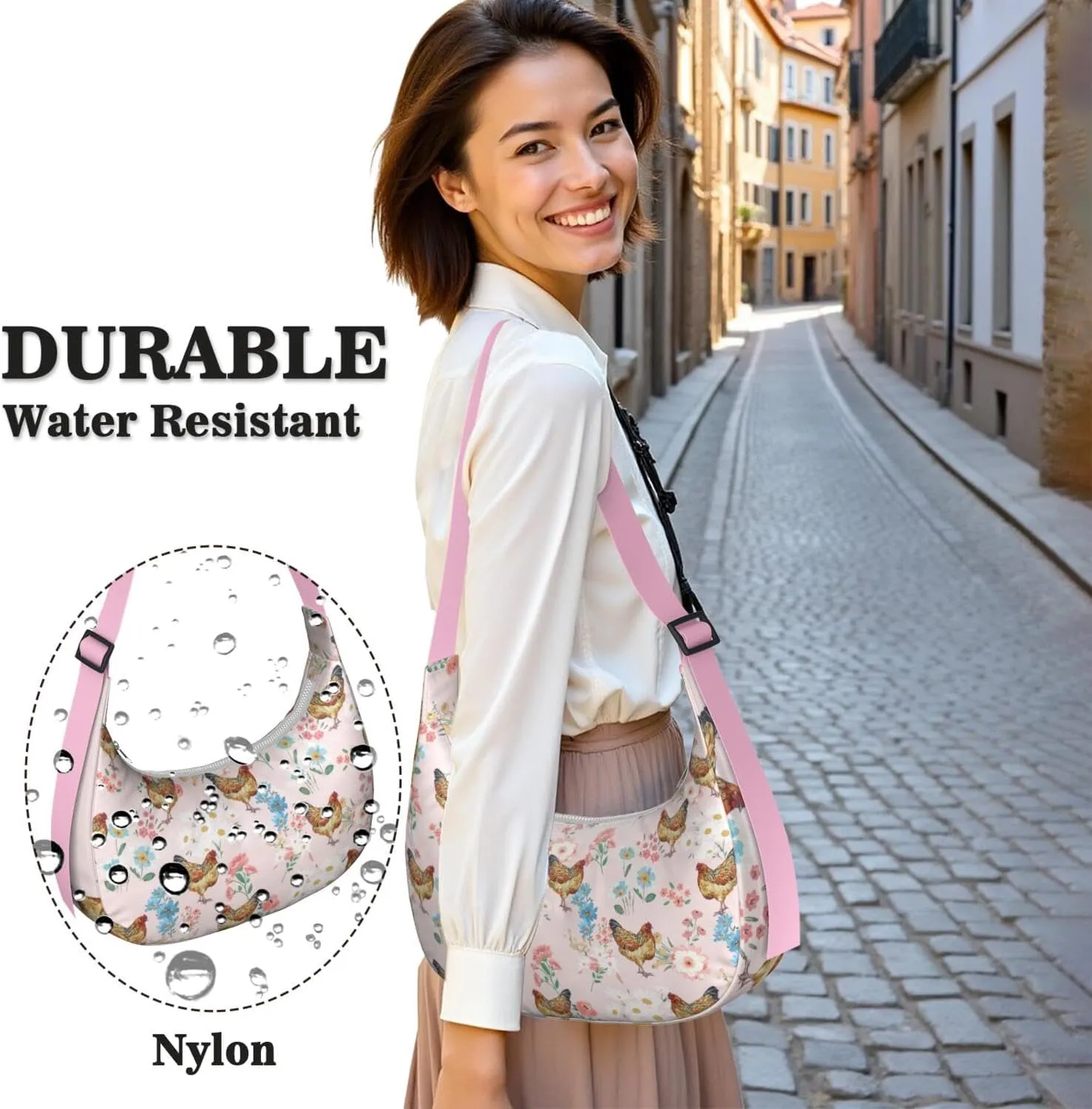 Cute Chickens Print Waterproof Nylon Crescent Shoulder Bag Crossbody Bag for Women Travel Sling Bag Adjustable Strap