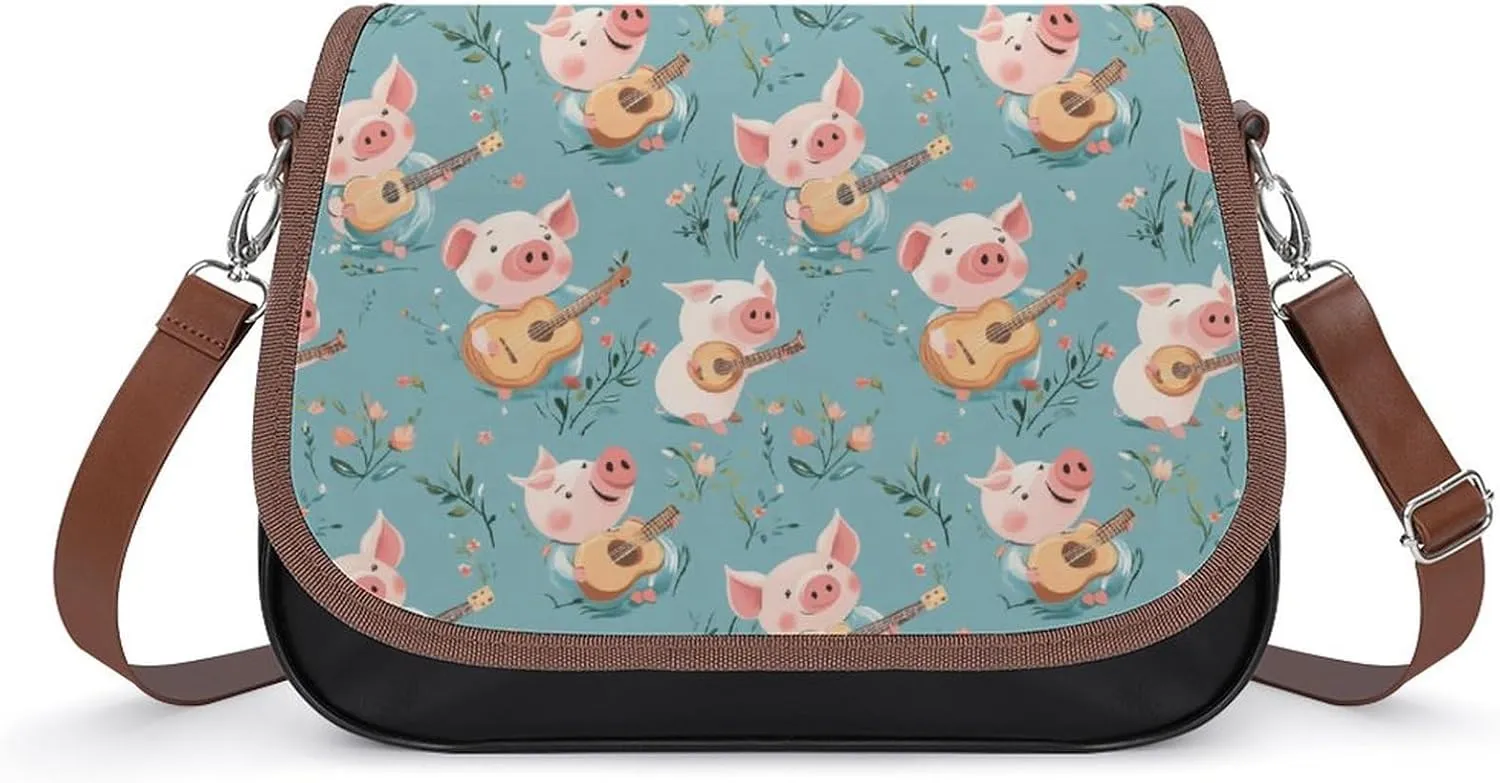 Cute Pigs Playing Guitar Fashion Crossbody Bags for Women Lightweight Shoulder Handbags Travel Purse with Strap Custom Gifts