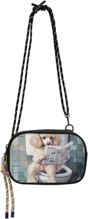 Cute Poodle Dogs Retro Toilet Reading Newspaper Womens Purses Crossbody Womens Trendy with Adjustable Strap Black Handbag Date