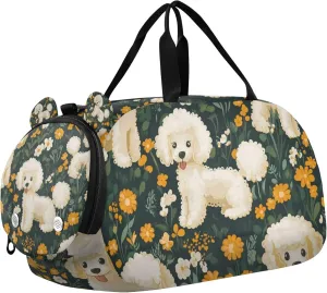 Cute Poodles Dogs Duffle Bag for Toddler Girls Boys, Sports Gym Bag with Shoe Compartments, Kids Travel Overnight Weekender Shoulder Bag
