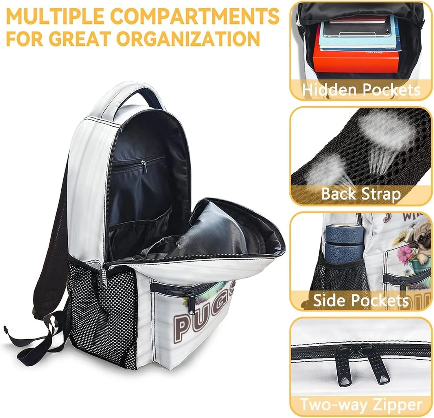Cute Pug Backpack, 16 Inch Dog Theme Bookbag with Adjustable Straps, Durable, Lightweight, Large Capacity, School Backpack for Kids Girls Boys