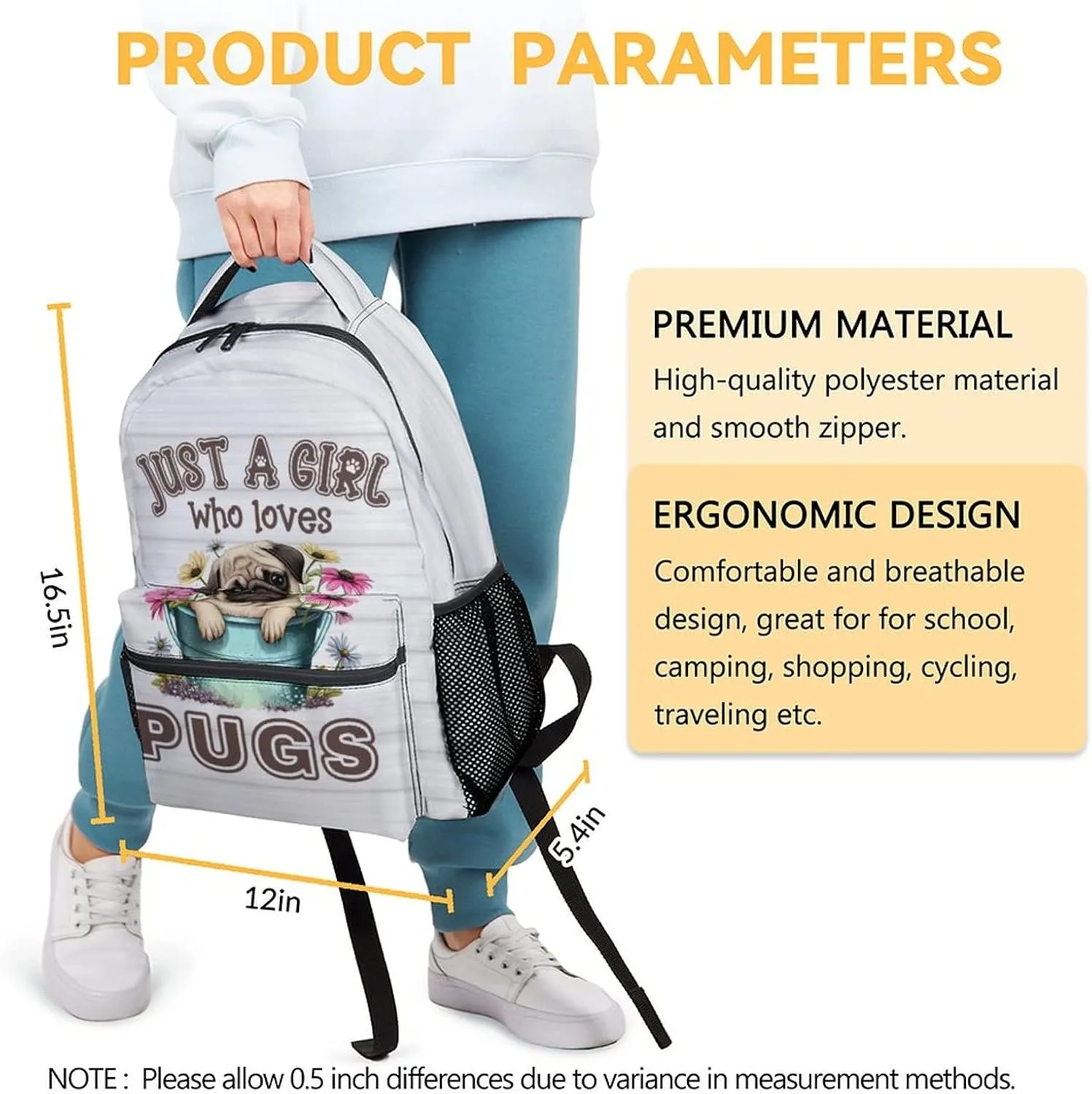 Cute Pug Backpack, 16 Inch Dog Theme Bookbag with Adjustable Straps, Durable, Lightweight, Large Capacity, School Backpack for Kids Girls Boys
