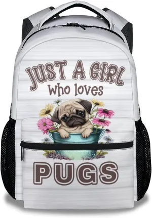 Cute Pug Backpack, 16 Inch Dog Theme Bookbag with Adjustable Straps, Durable, Lightweight, Large Capacity, School Backpack for Kids Girls Boys
