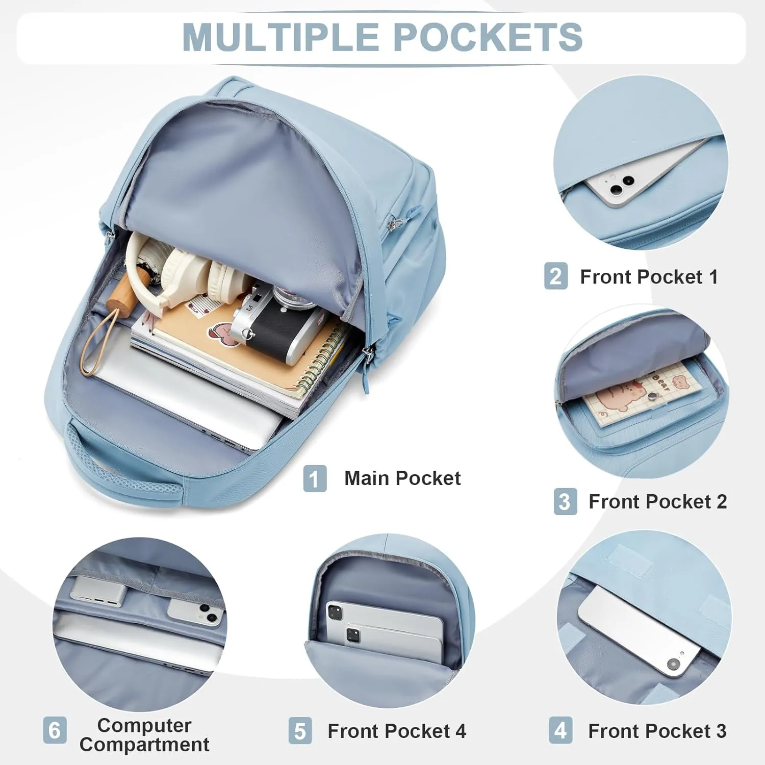 Cute School Backpack for Teens Girls Boys Waterproof School Bag Basic Backpack for College Students Multi Pocket Backpack Lightweight Casual Daypack Backpacks for Women Men（Blue）