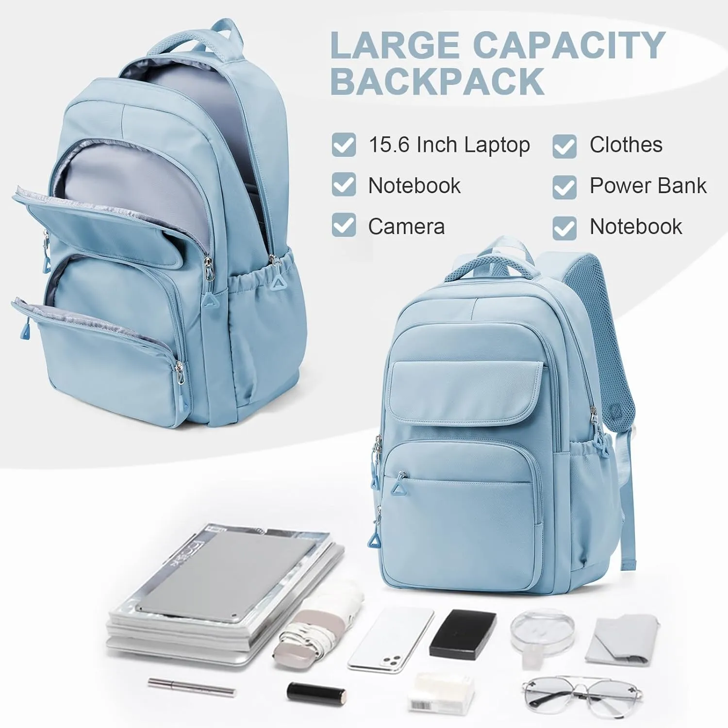Cute School Backpack for Teens Girls Boys Waterproof School Bag Basic Backpack for College Students Multi Pocket Backpack Lightweight Casual Daypack Backpacks for Women Men（Blue）
