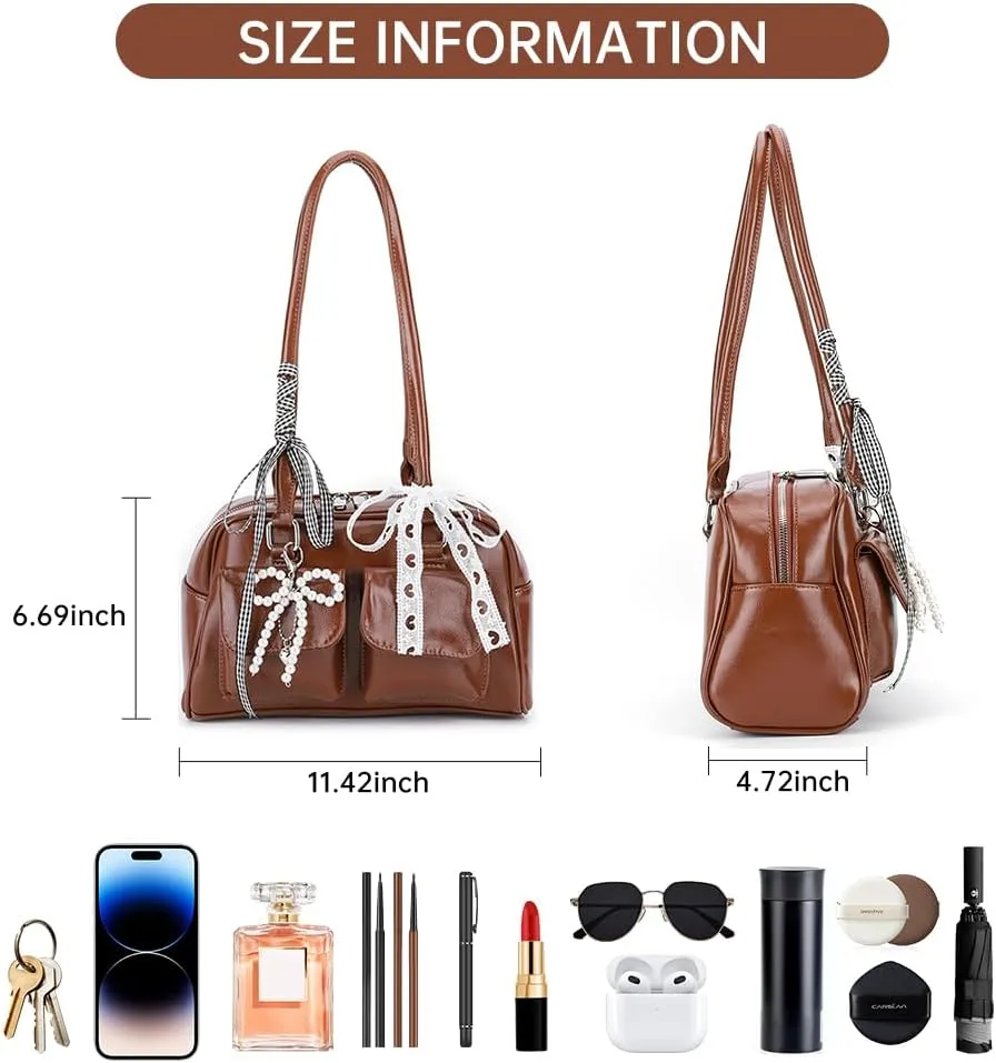 Cute Shoulder Bag for Women, Y2K Purse Aesthetic Japanese Tote, Burgundy Leather Bow Purse