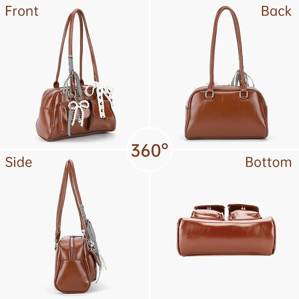 Cute Shoulder Bag for Women, Y2K Purse Aesthetic Japanese Tote, Burgundy Leather Bow Purse