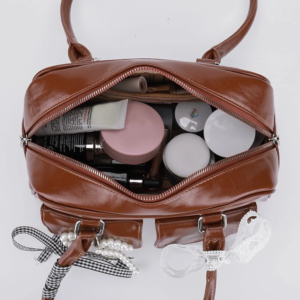 Cute Shoulder Bag for Women, Y2K Purse Aesthetic Japanese Tote, Burgundy Leather Bow Purse