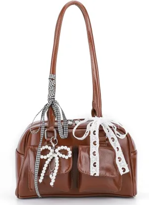 Cute Shoulder Bag for Women, Y2K Purse Aesthetic Japanese Tote, Burgundy Leather Bow Purse