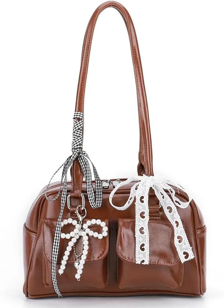 Cute Shoulder Bag for Women, Y2K Purse Aesthetic Japanese Tote, Burgundy Leather Bow Purse