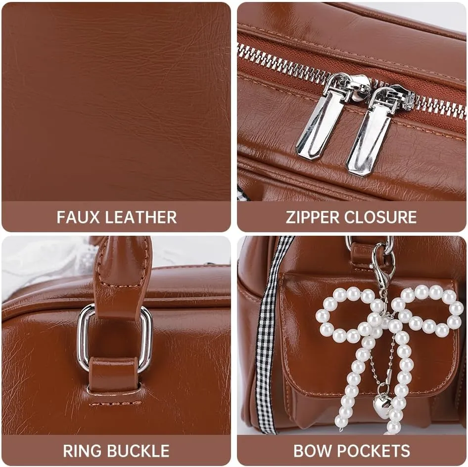 Cute Shoulder Bag for Women, Y2K Purse Aesthetic Japanese Tote, Burgundy Leather Bow Purse
