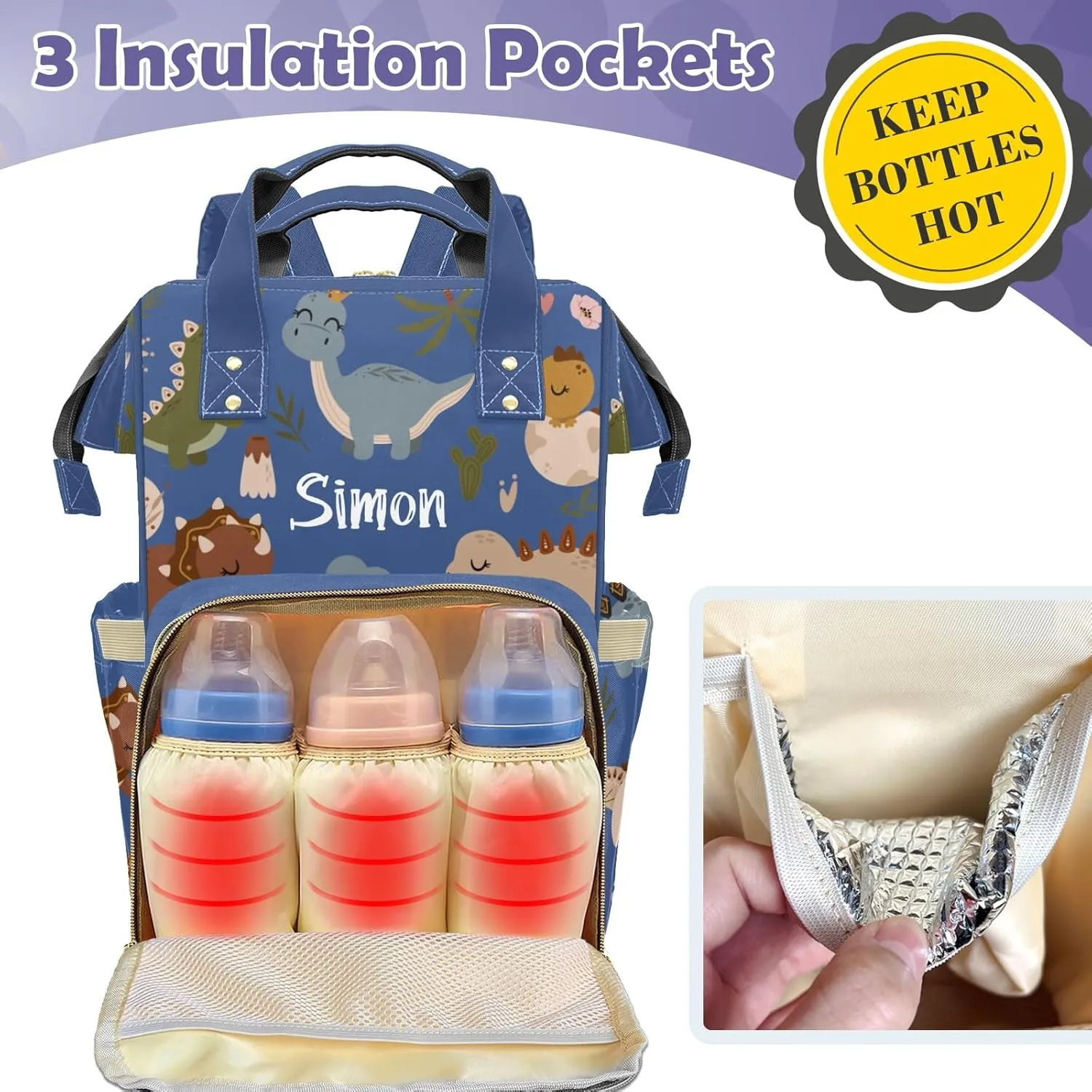 Cute Tropical Dinosaur Large Capacity Custom Diaper Bag for Baby Boy Girl Waterproof Personalized Name Diaper Bag Backpack with Multi-Pocket Customized Mom Travel Daypack for Baby Essentials