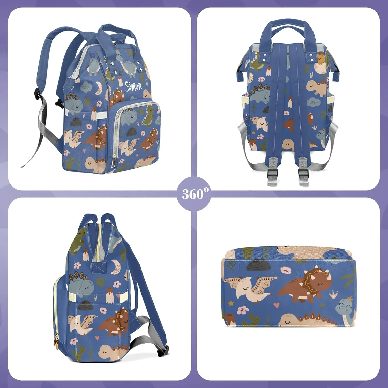 Cute Tropical Dinosaur Large Capacity Custom Diaper Bag for Baby Boy Girl Waterproof Personalized Name Diaper Bag Backpack with Multi-Pocket Customized Mom Travel Daypack for Baby Essentials