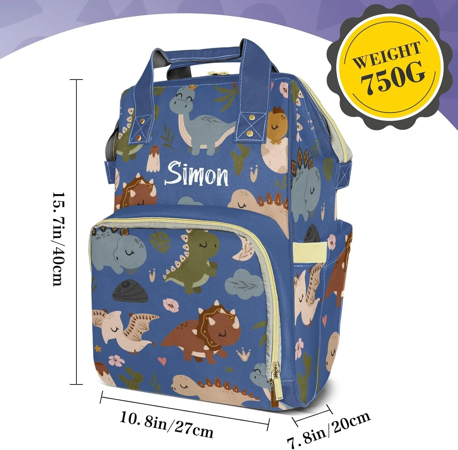 Cute Tropical Dinosaur Large Capacity Custom Diaper Bag for Baby Boy Girl Waterproof Personalized Name Diaper Bag Backpack with Multi-Pocket Customized Mom Travel Daypack for Baby Essentials