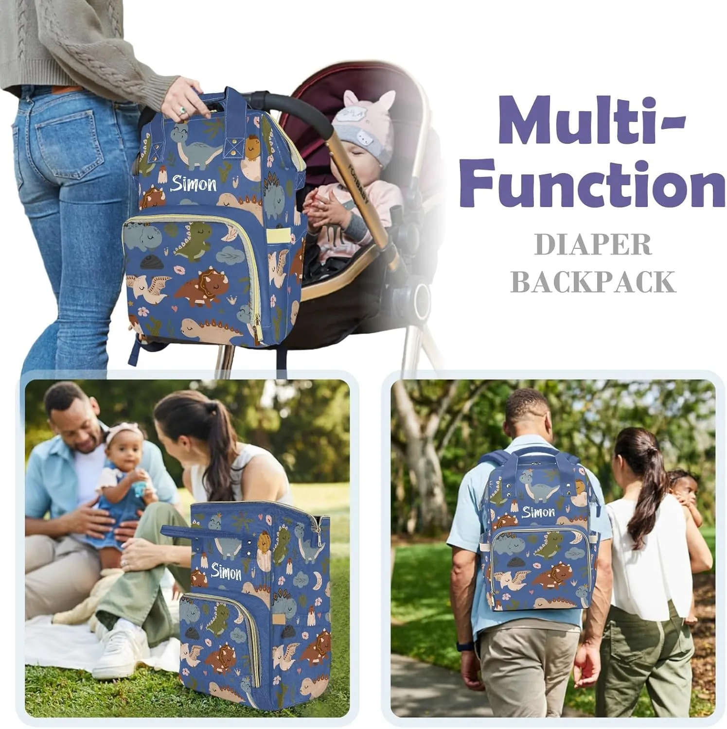 Cute Tropical Dinosaur Large Capacity Custom Diaper Bag for Baby Boy Girl Waterproof Personalized Name Diaper Bag Backpack with Multi-Pocket Customized Mom Travel Daypack for Baby Essentials