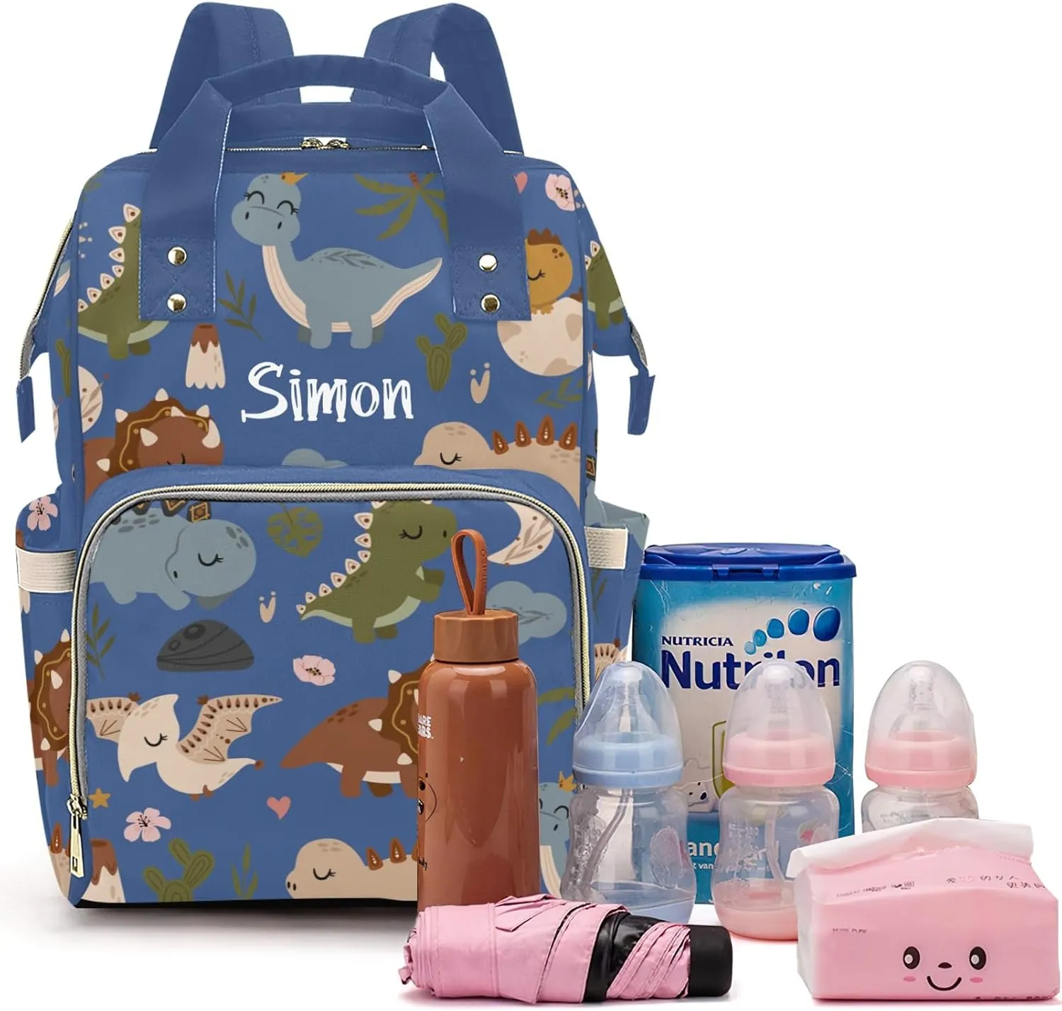 Cute Tropical Dinosaur Large Capacity Custom Diaper Bag for Baby Boy Girl Waterproof Personalized Name Diaper Bag Backpack with Multi-Pocket Customized Mom Travel Daypack for Baby Essentials