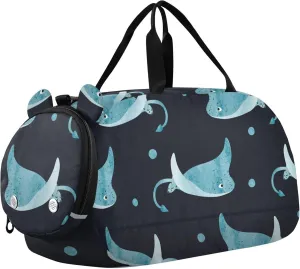 Cute Watercolor Stingray Fish Sports Duffle Bag for Girls Boys, Gym Bag with Shoe Compartment, Kids Travel Overnight Weekender Shoulder Bag