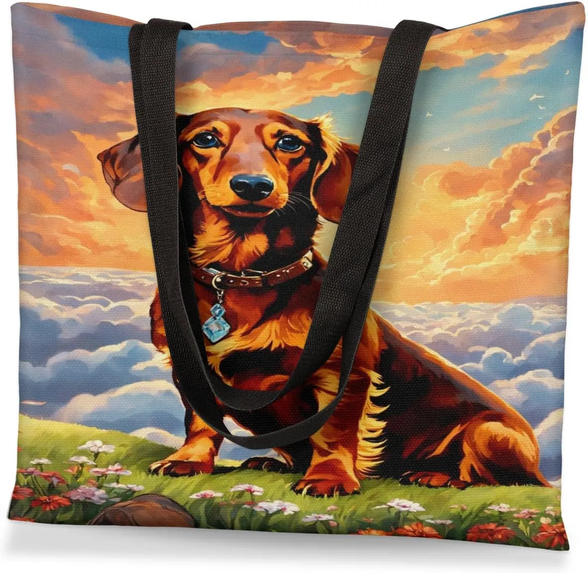 Dachshund Dog Sky Clouds Canvas Tote Bag for Women Men Stylish Tote Handbag Shoulder Bag Reusable Grocery Bag
