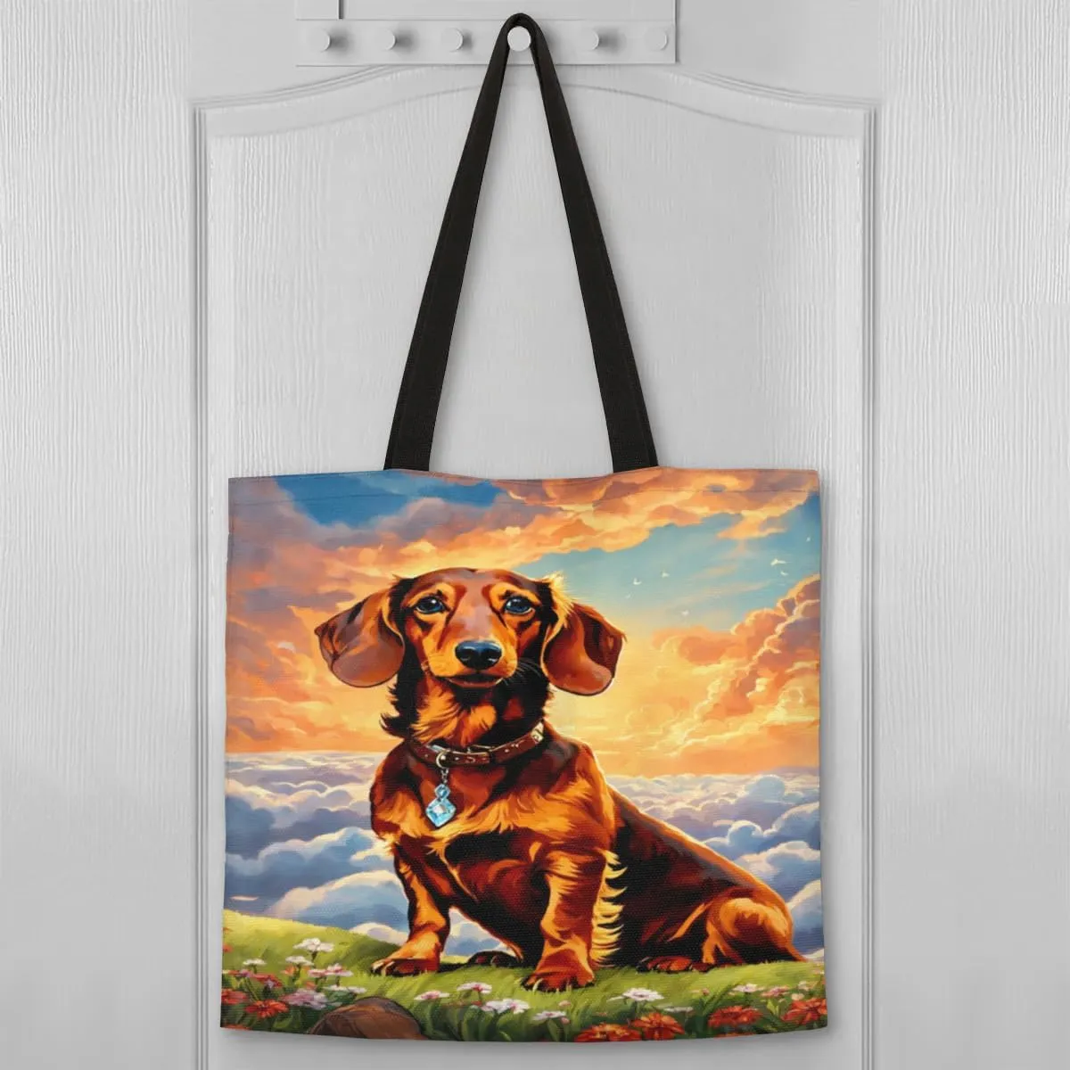 Dachshund Dog Sky Clouds Canvas Tote Bag for Women Men Stylish Tote Handbag Shoulder Bag Reusable Grocery Bag