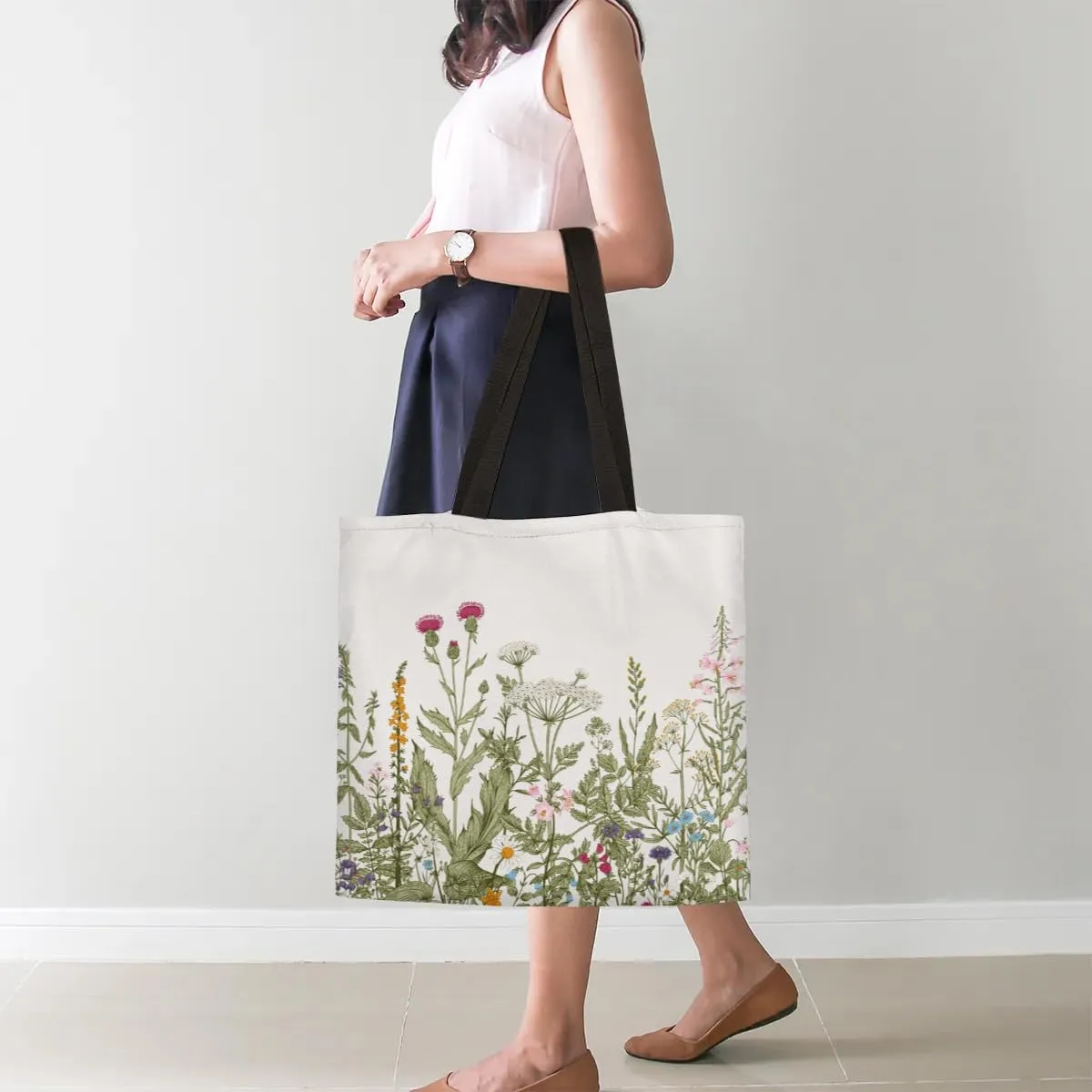 Daisies Green Plaid Canvas Tote Bag for Women Men Stylish Tote Handbag Shoulder Bag Reusable Grocery Bag