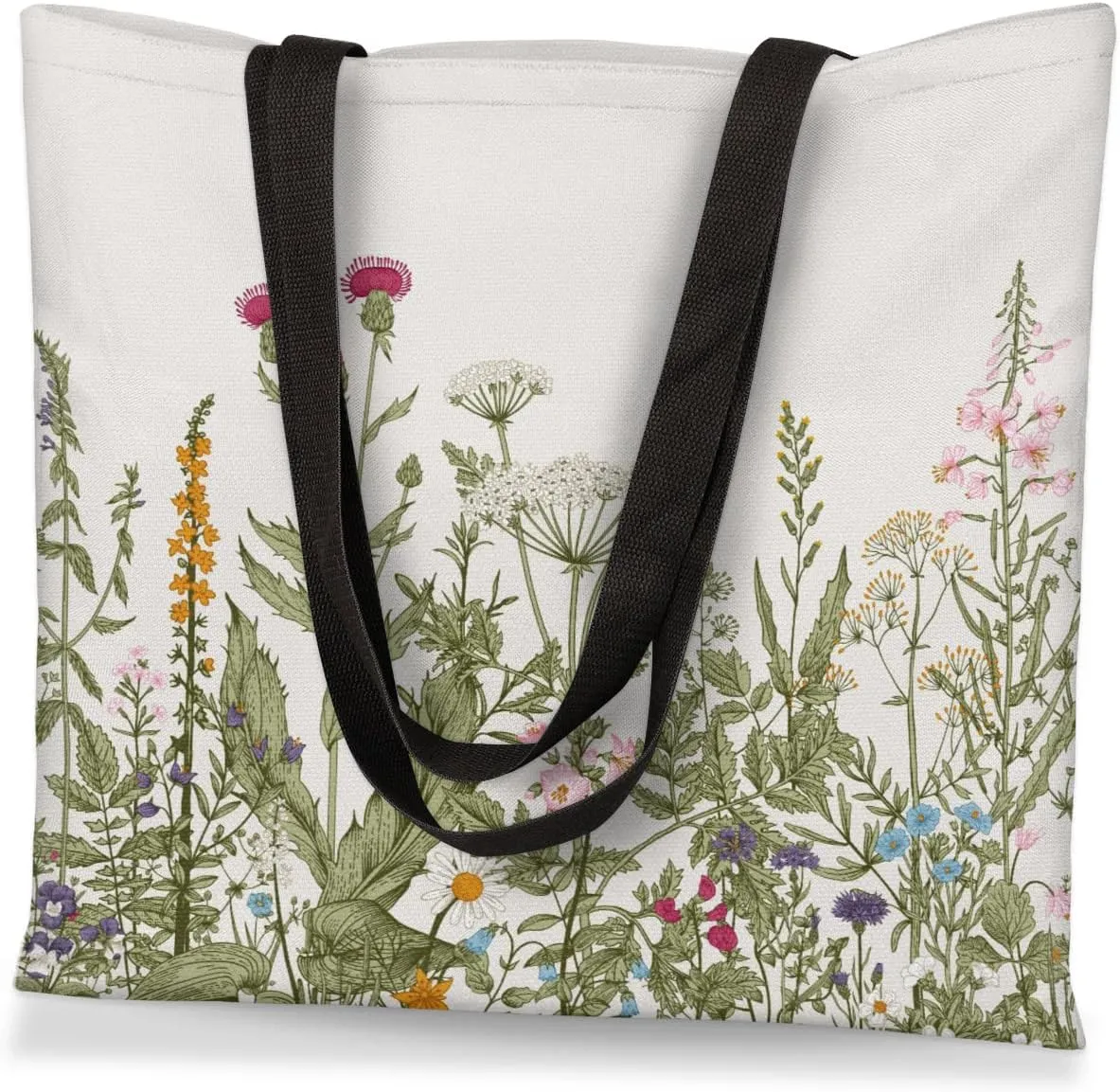 Daisies Green Plaid Canvas Tote Bag for Women Men Stylish Tote Handbag Shoulder Bag Reusable Grocery Bag