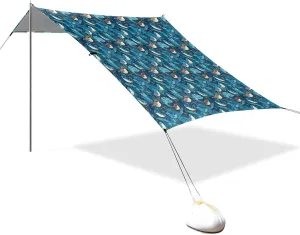 Dark Sea Birds Foldable Beach Canopy UPF50 Lightweight Portable Sun Shelter with Sandbags & Sand Shovel for Camping, Picnics, Backyard