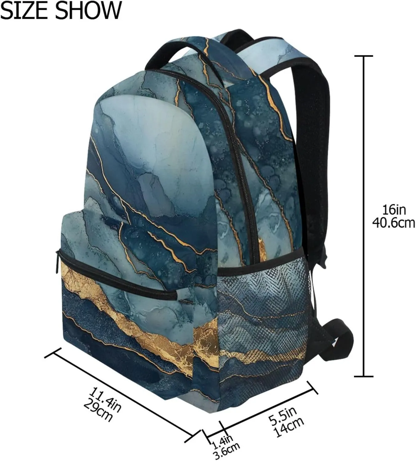 Day Backpack for Women Men Fashion Diaper Bag Backpack with Chest Strap for Business Work College Travel Trip Marble Navy Blue Turquoise