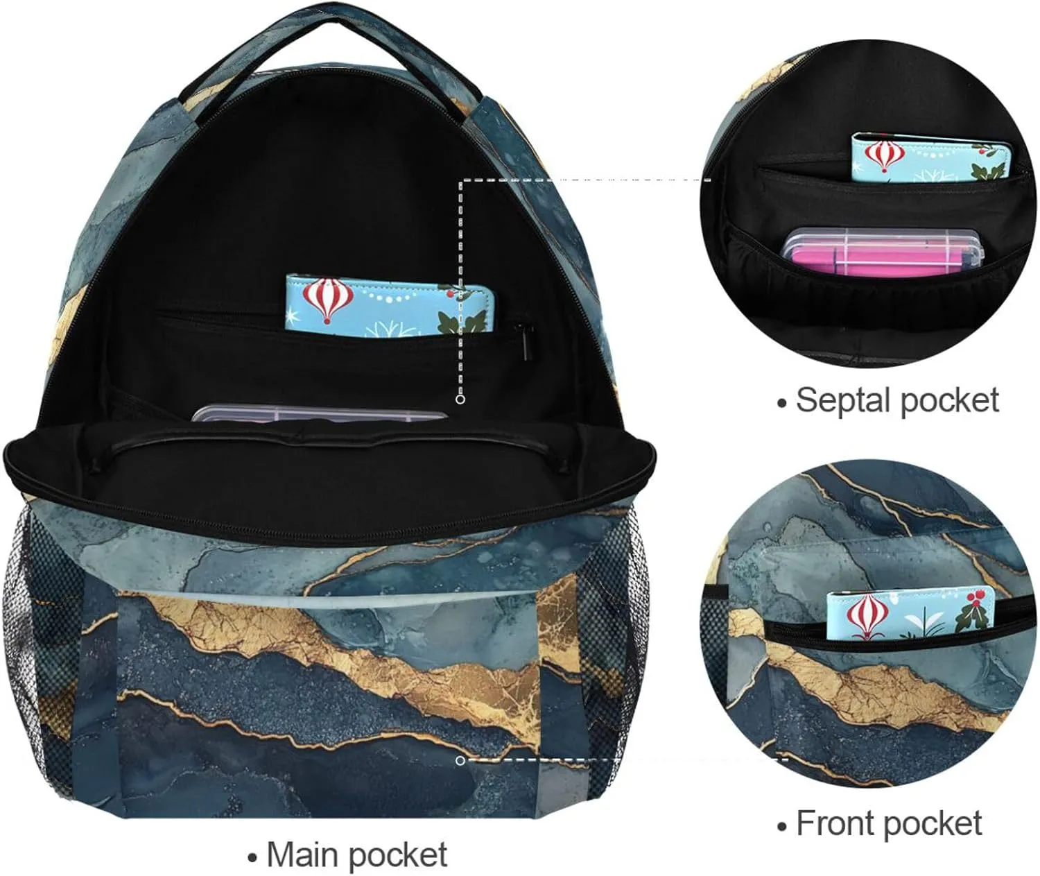 Day Backpack for Women Men Fashion Diaper Bag Backpack with Chest Strap for Business Work College Travel Trip Marble Navy Blue Turquoise