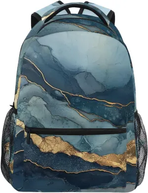 Day Backpack for Women Men Fashion Diaper Bag Backpack with Chest Strap for Business Work College Travel Trip Marble Navy Blue Turquoise