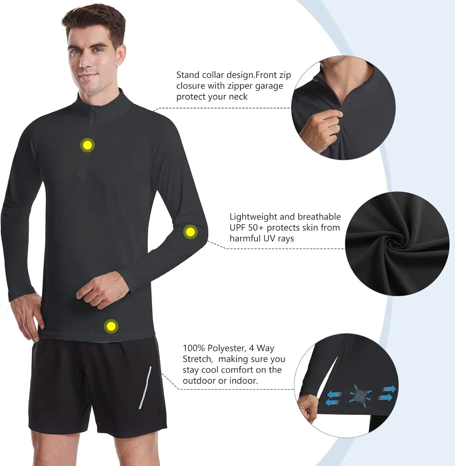 DAYOUNG Mens Zip Pullover UPF 50  Sun Protection Long Sleeve Hiking Fishing Outdoors Performance T-Shirt