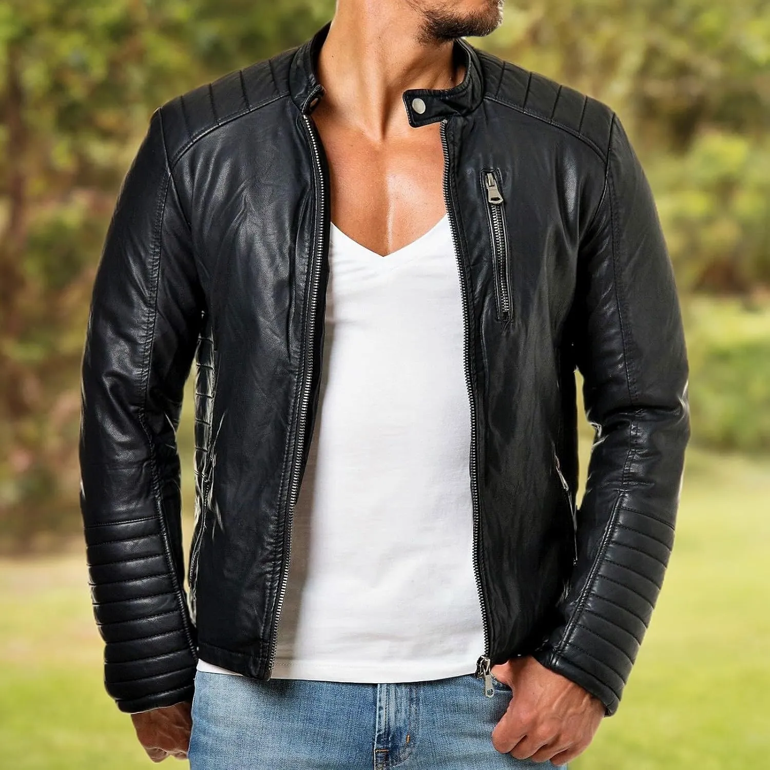 DECIMAL Men's Black Genuine Lambskin Leather Biker Jacket VINTAGE REAL BROWN MOTORCYCLE JACKETS FOR MEN