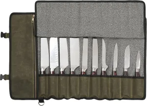 Denifiter Professional Chef's Knife Bag with Anti Cutting Fabric Inside, Heavy Duty 16oz Waxed Canvas, 10 Slots & 1 Large Zipper Pocket & Durable Handle(Army Green)