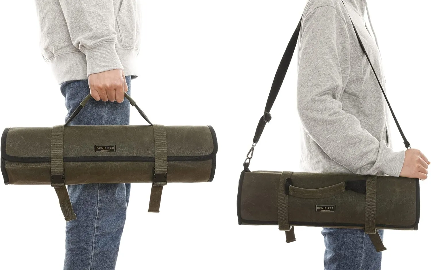 Denifiter Professional Chef's Knife Bag with Anti Cutting Fabric Inside, Heavy Duty 16oz Waxed Canvas, 10 Slots & 1 Large Zipper Pocket & Durable Handle(Army Green)