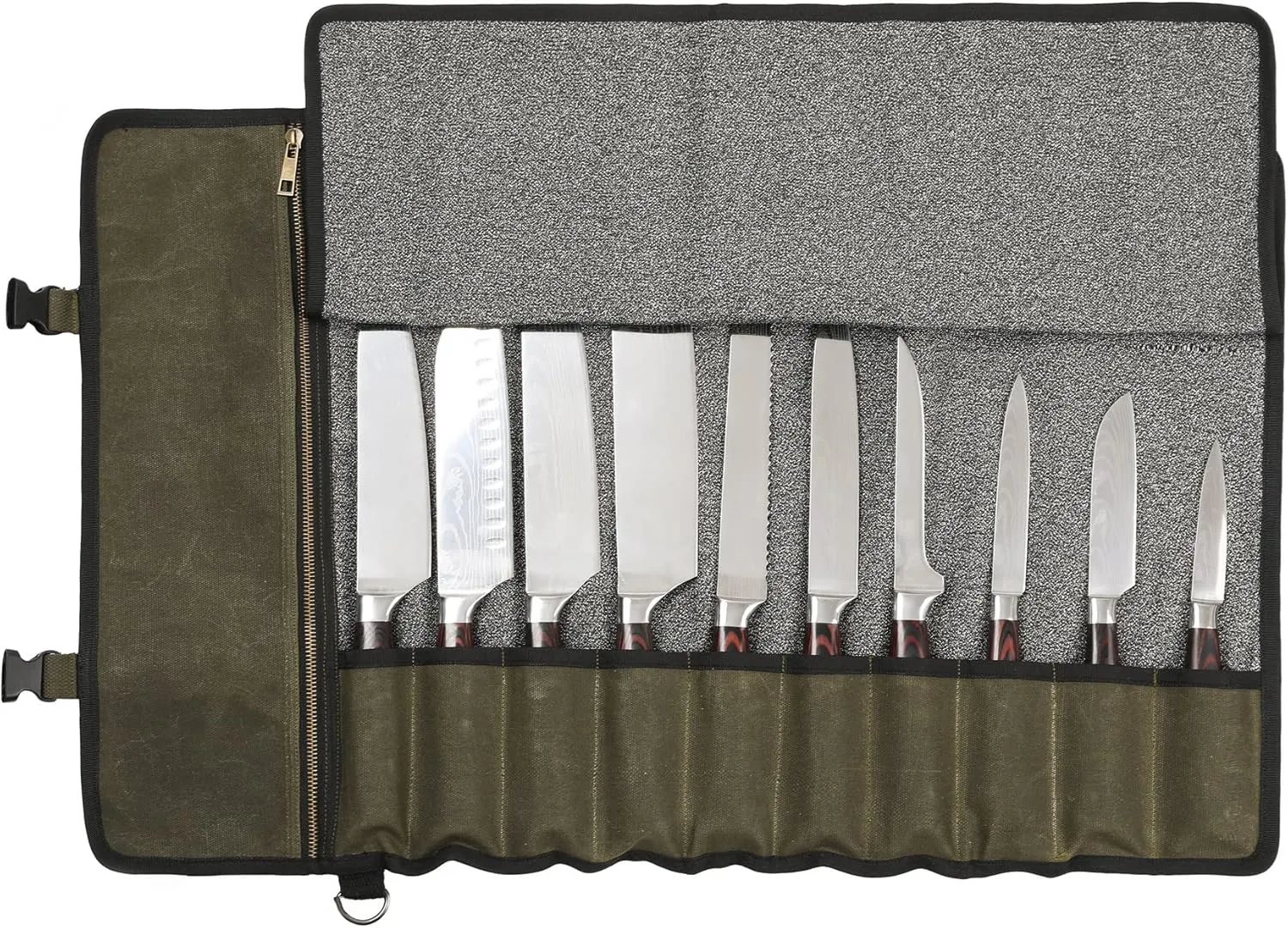 Denifiter Professional Chef's Knife Bag with Anti Cutting Fabric Inside, Heavy Duty 16oz Waxed Canvas, 10 Slots & 1 Large Zipper Pocket & Durable Handle(Army Green)