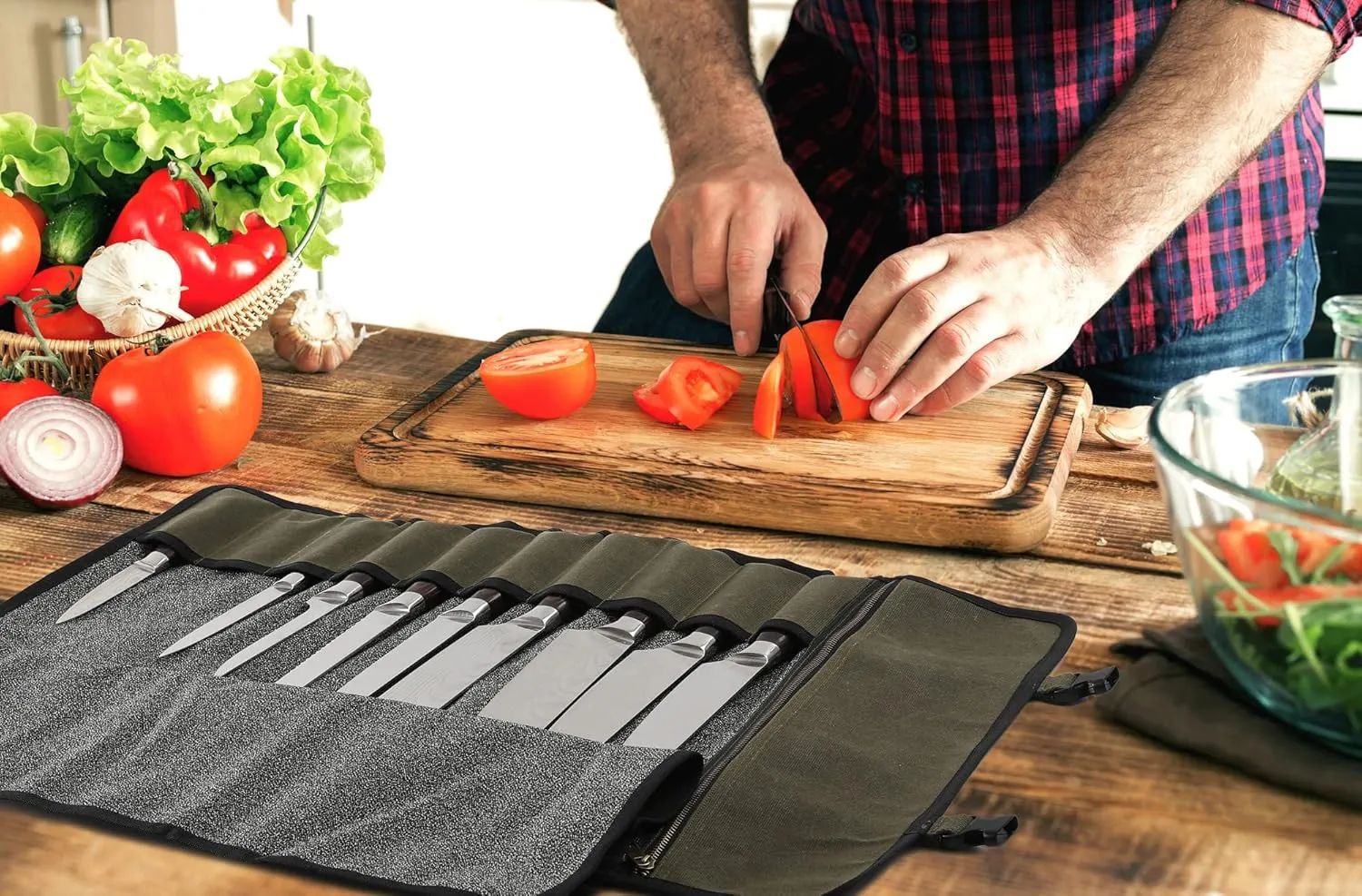 Denifiter Professional Chef's Knife Bag with Anti Cutting Fabric Inside, Heavy Duty 16oz Waxed Canvas, 10 Slots & 1 Large Zipper Pocket & Durable Handle(Army Green)