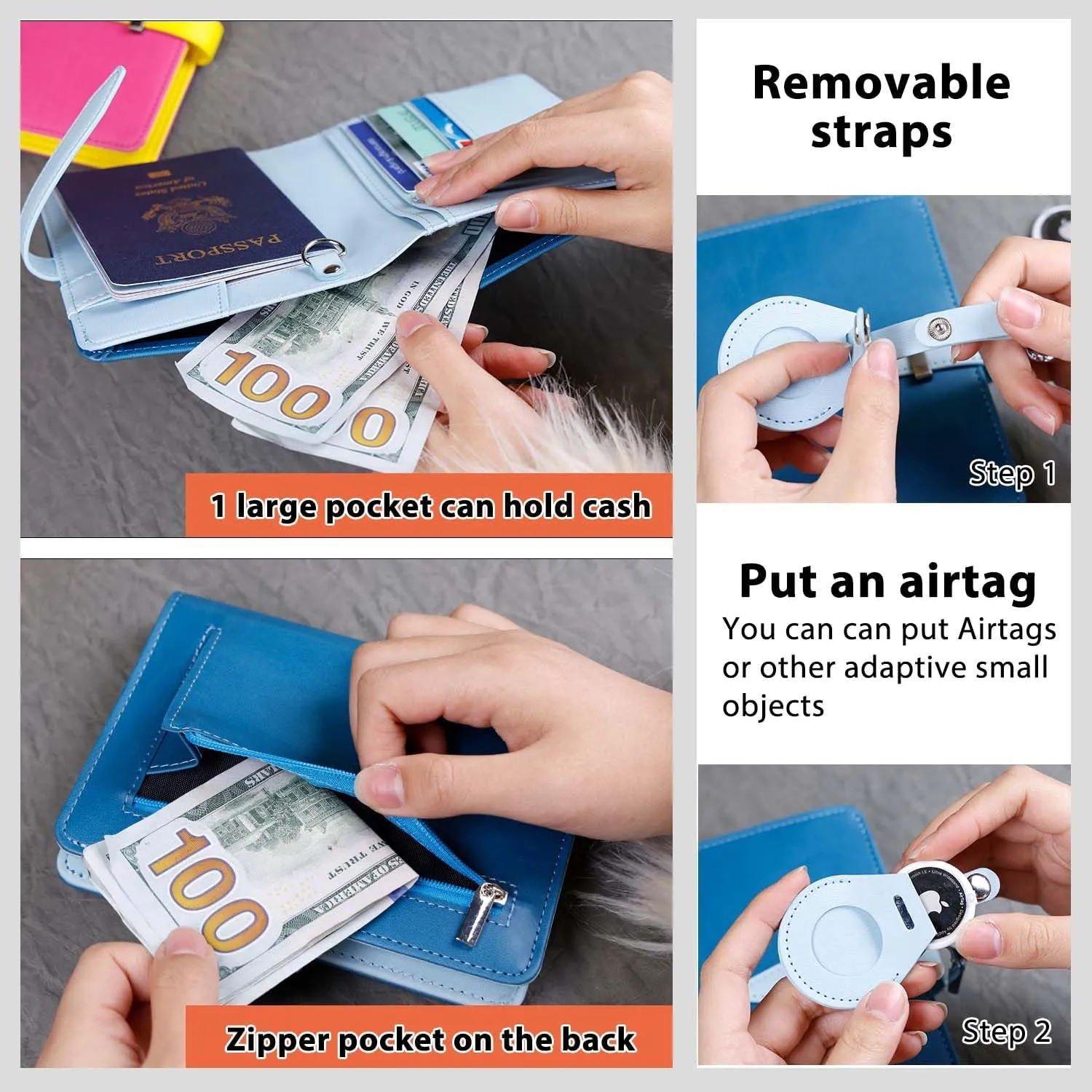 Deziliao Passport wallets, Mulit-purpose RFID Blocking Passport Holder AirTag Wallet, Travel Wallet (Blue)