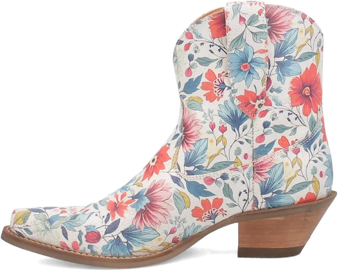 Dingo Womens Pixie Rose Floral Leather Snip Toe Pull On Casual Boots Ankle Low Heel 1-2" - Multi
