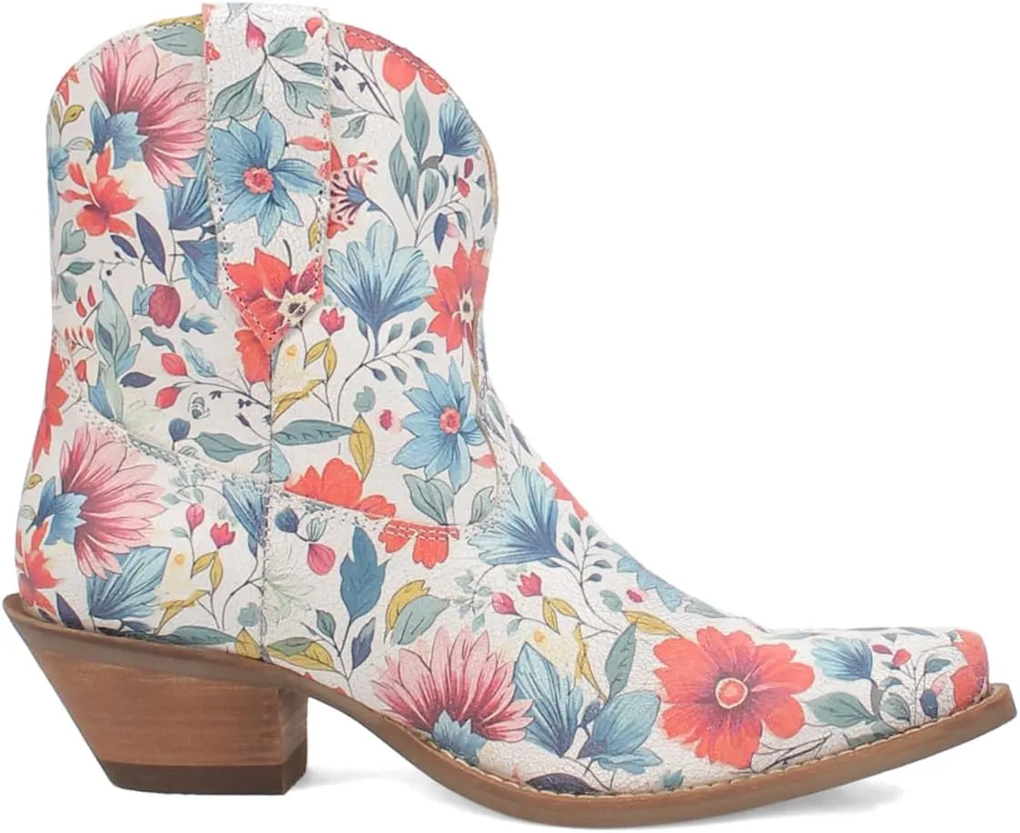 Dingo Womens Pixie Rose Floral Leather Snip Toe Pull On Casual Boots Ankle Low Heel 1-2" - Multi