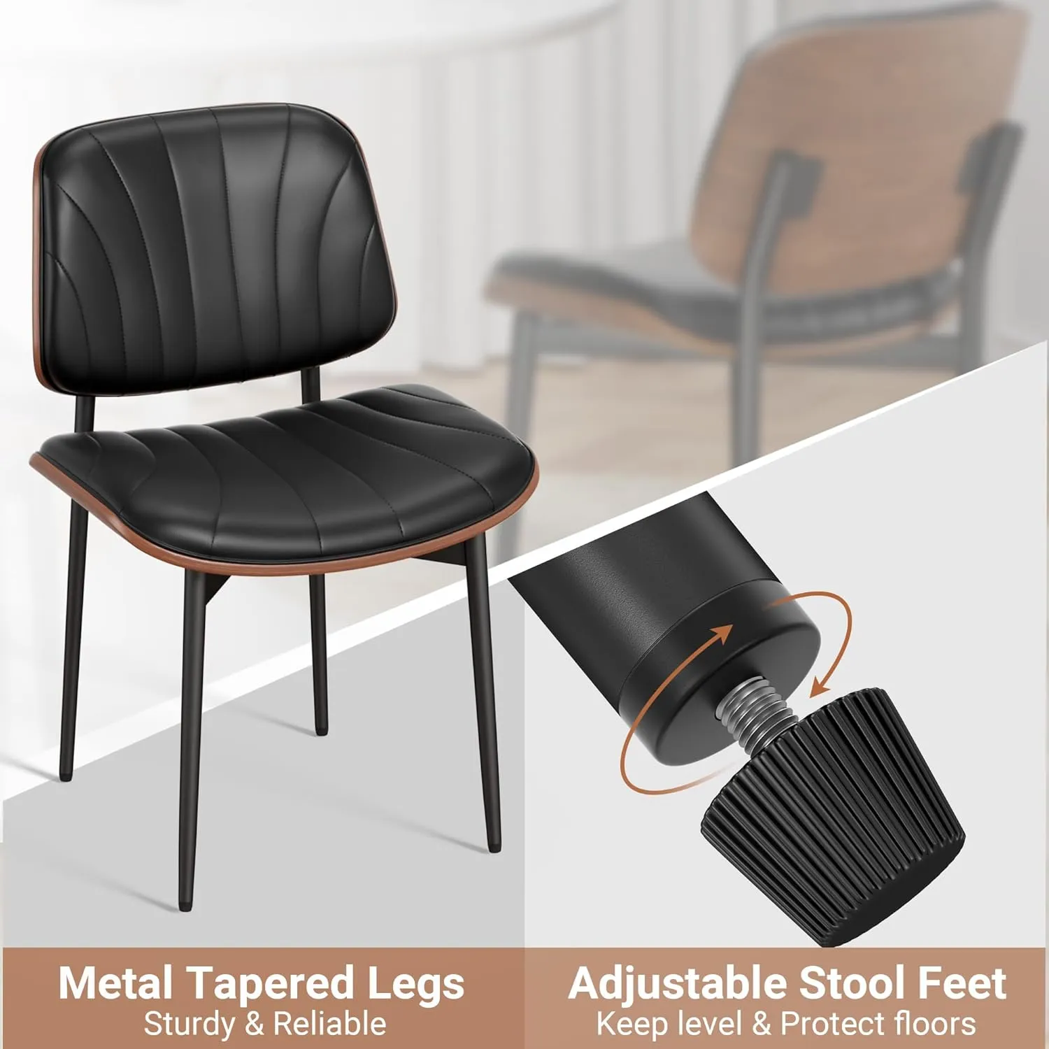 Dining Chairs Set of 4, Mid-Century Modern Upholstered PU Leather Chairs with Walnut Bentwood Back and Metal Legs Adjustable Feet for Kitchen Dining Room, Black Shell Strips