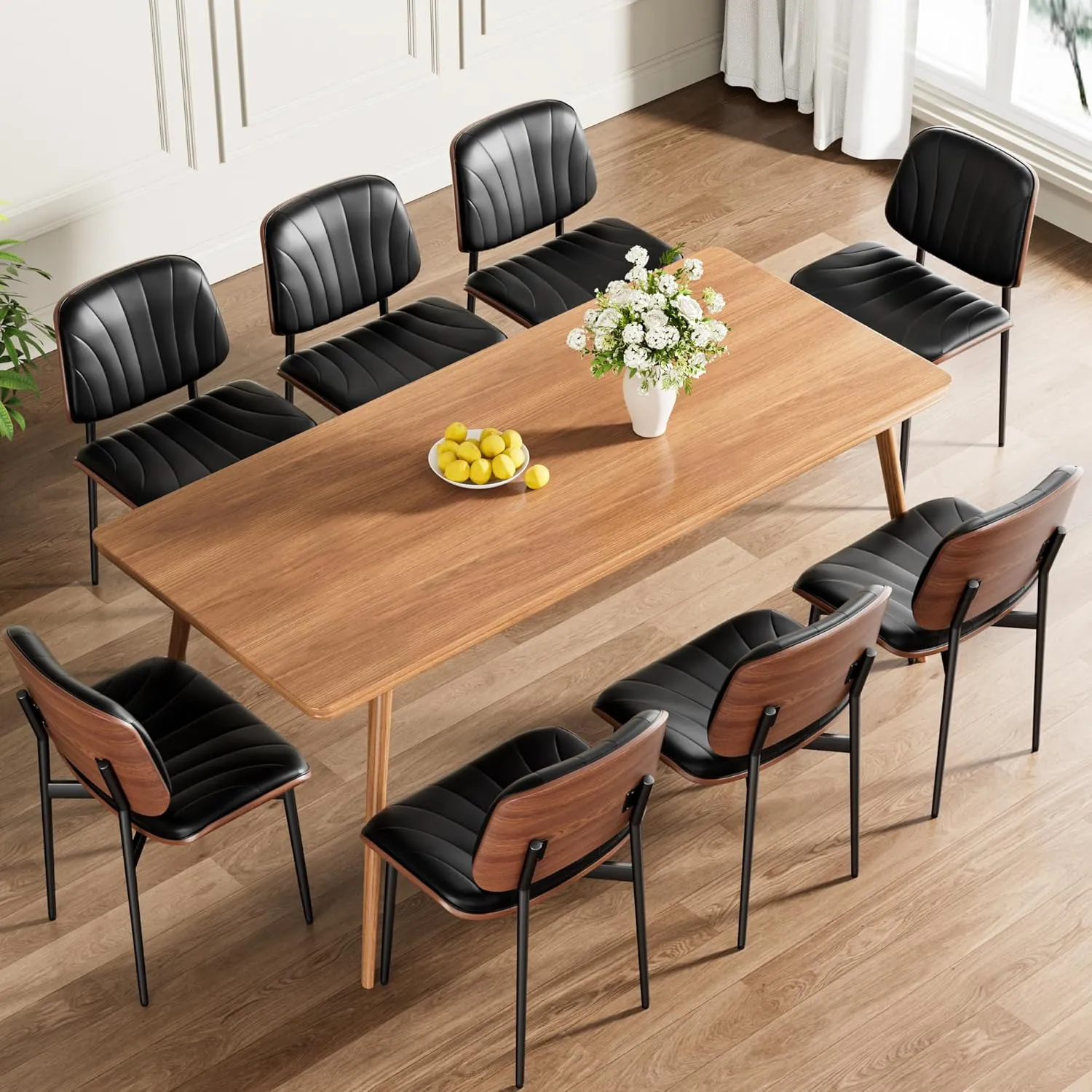 Dining Chairs Set of 4, Mid-Century Modern Upholstered PU Leather Chairs with Walnut Bentwood Back and Metal Legs Adjustable Feet for Kitchen Dining Room, Black Shell Strips