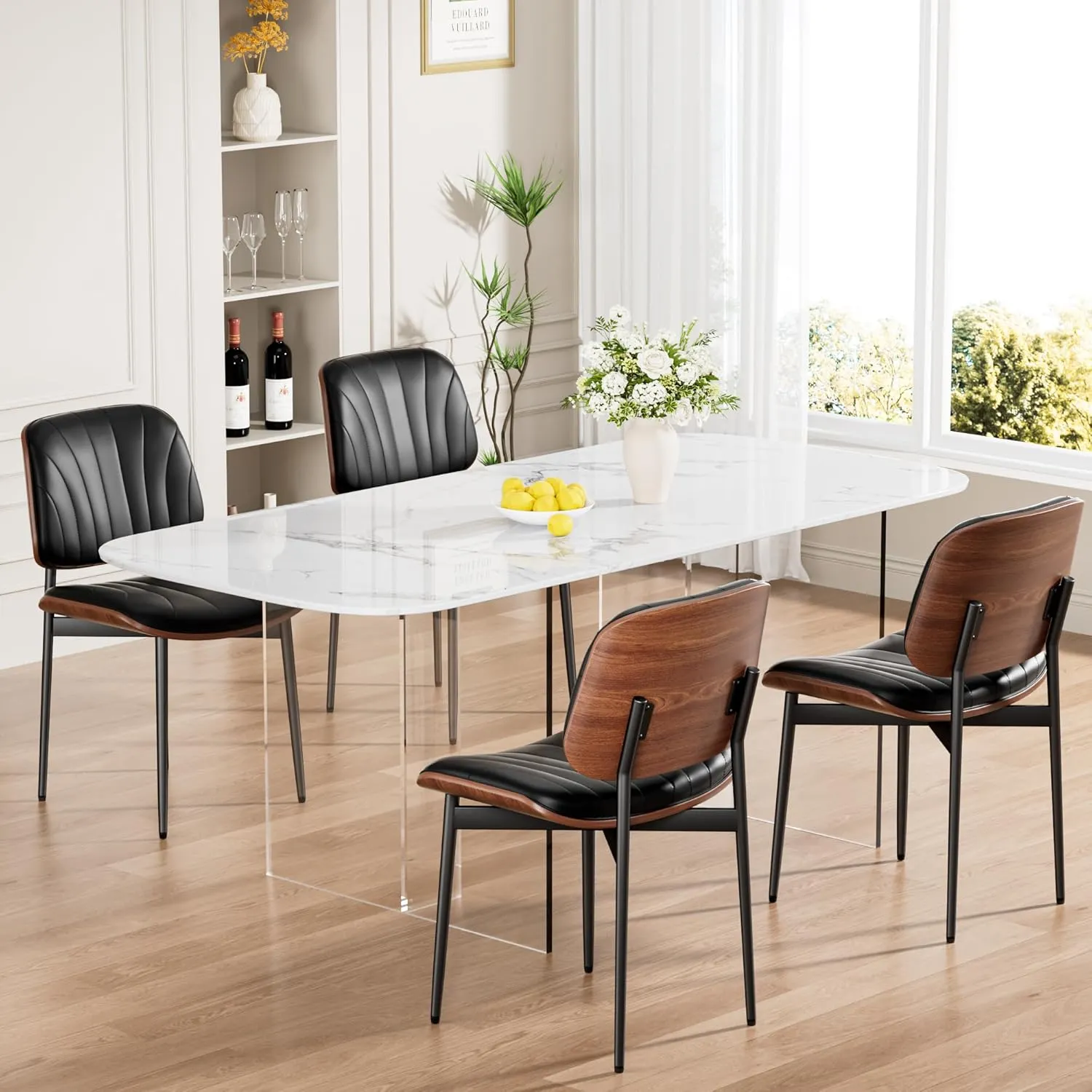 Dining Chairs Set of 4, Mid-Century Modern Upholstered PU Leather Chairs with Walnut Bentwood Back and Metal Legs Adjustable Feet for Kitchen Dining Room, Black Shell Strips