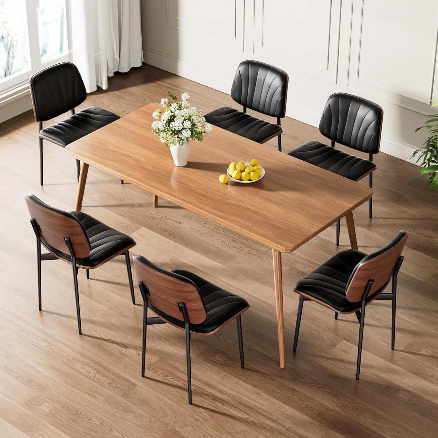 Dining Chairs Set of 4, Mid-Century Modern Upholstered PU Leather Chairs with Walnut Bentwood Back and Metal Legs Adjustable Feet for Kitchen Dining Room, Black Shell Strips
