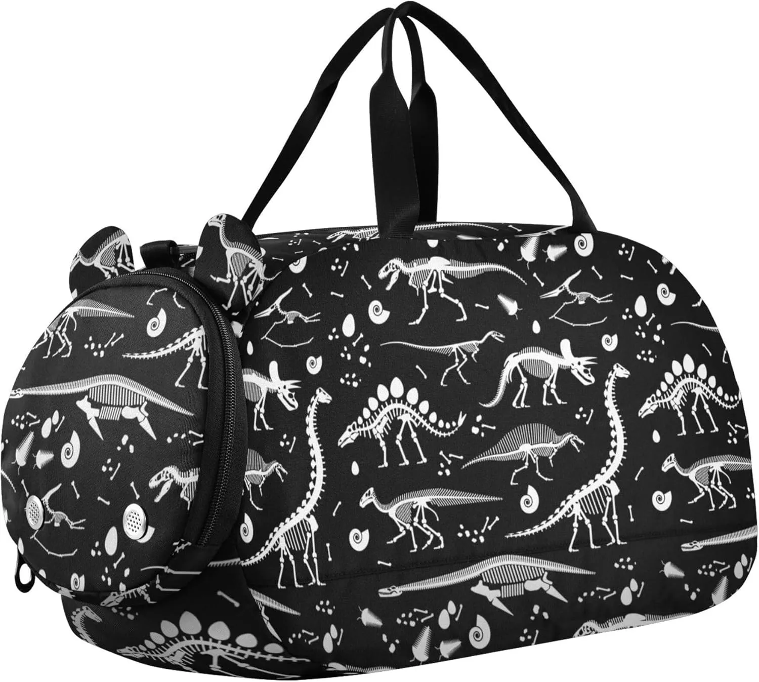 Dinosaurs Fossils Black Sports Duffle Bag for Girls Boys, Gym Bag with Shoe Compartment, Kids Travel Overnight Weekender Shoulder Bag