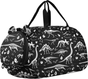 Dinosaurs Fossils Black Sports Duffle Bag for Girls Boys, Gym Bag with Shoe Compartment, Kids Travel Overnight Weekender Shoulder Bag
