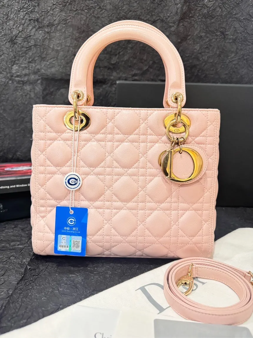 Dior Lady Dior Sakura Pink 5 Squares 2014 Handle Bag with Card