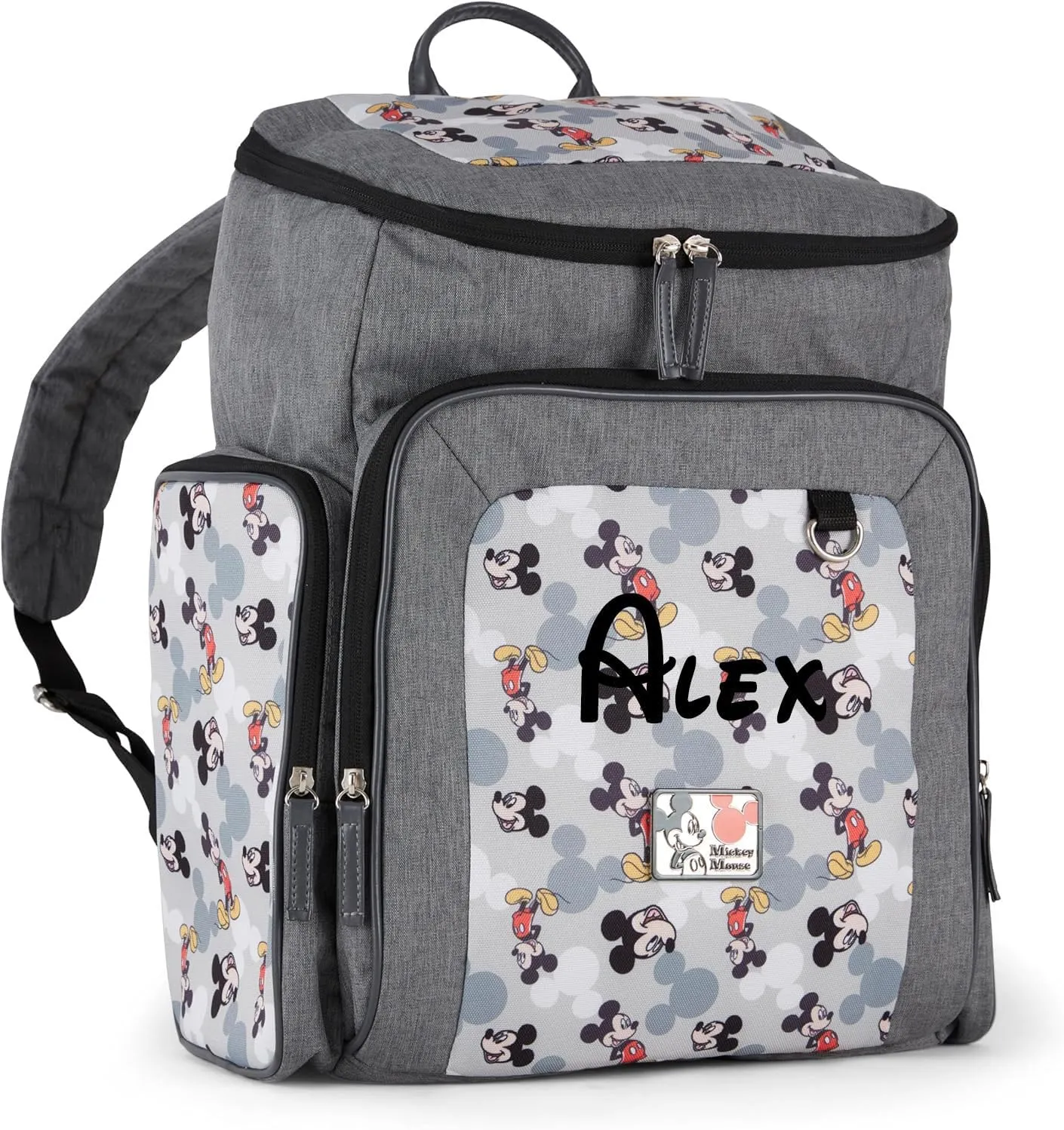Disney Personalized Diaper Bag Character MICKEY MINNIE and MORE Multi-Pocket Functional Baby Diaper Bag Backpacks (Personalized Mickey Mouse Icon Gray)