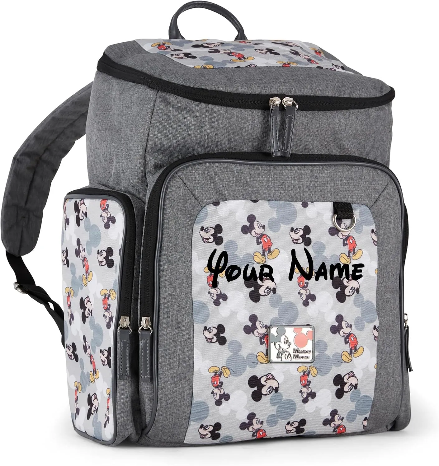 Disney Personalized Diaper Bag Character MICKEY MINNIE and MORE Multi-Pocket Functional Baby Diaper Bag Backpacks (Personalized Mickey Mouse Icon Gray)