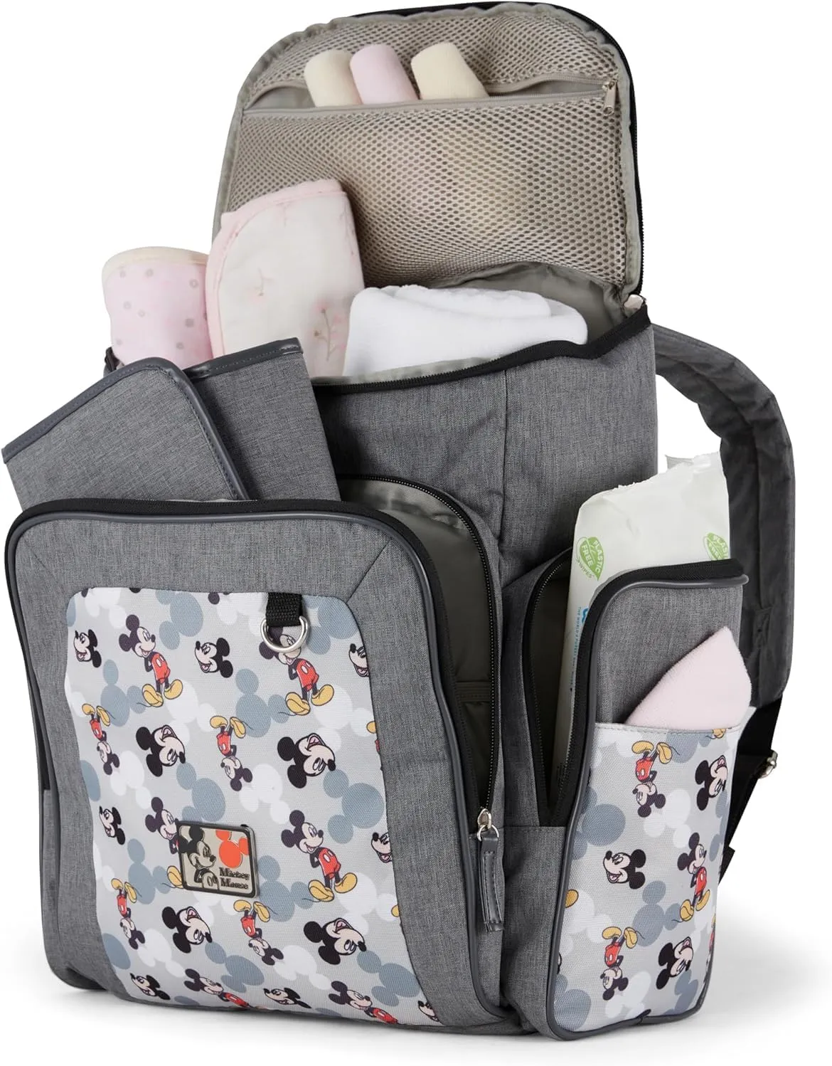 Disney Personalized Diaper Bag Character MICKEY MINNIE and MORE Multi-Pocket Functional Baby Diaper Bag Backpacks (Personalized Mickey Mouse Icon Gray)