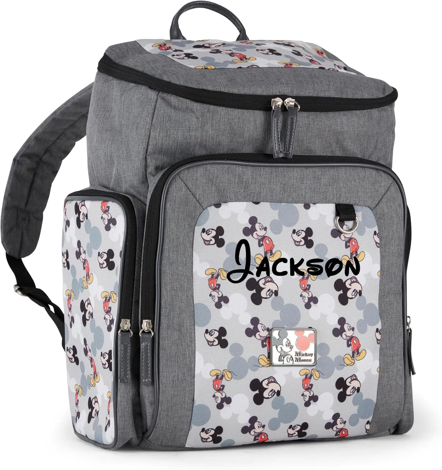 Disney Personalized Diaper Bag Character MICKEY MINNIE and MORE Multi-Pocket Functional Baby Diaper Bag Backpacks (Personalized Mickey Mouse Icon Gray)