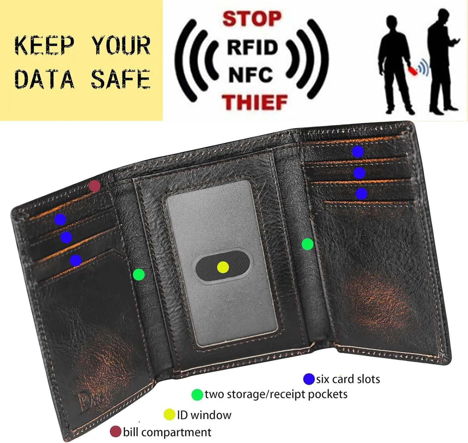 DK86 Deer Trifold Wallets for Men Full Grain Leather with Hand Burnished Tri-Fold Wallet RFID Blocking (Black and Brown)